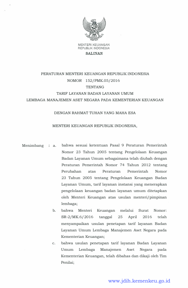 Peraturan Menteri Keuangan Nomor 152/PMK.05/2016