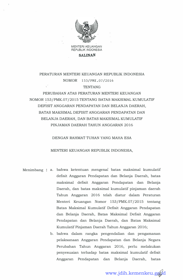 Peraturan Menteri Keuangan Nomor 153/PMK.07/2016