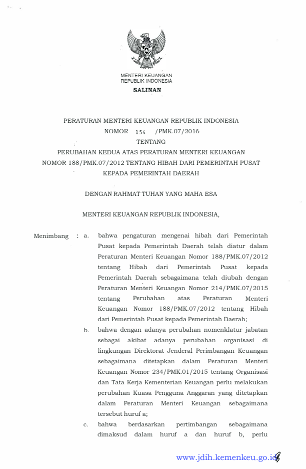 Peraturan Menteri Keuangan Nomor 154/PMK.07/2016