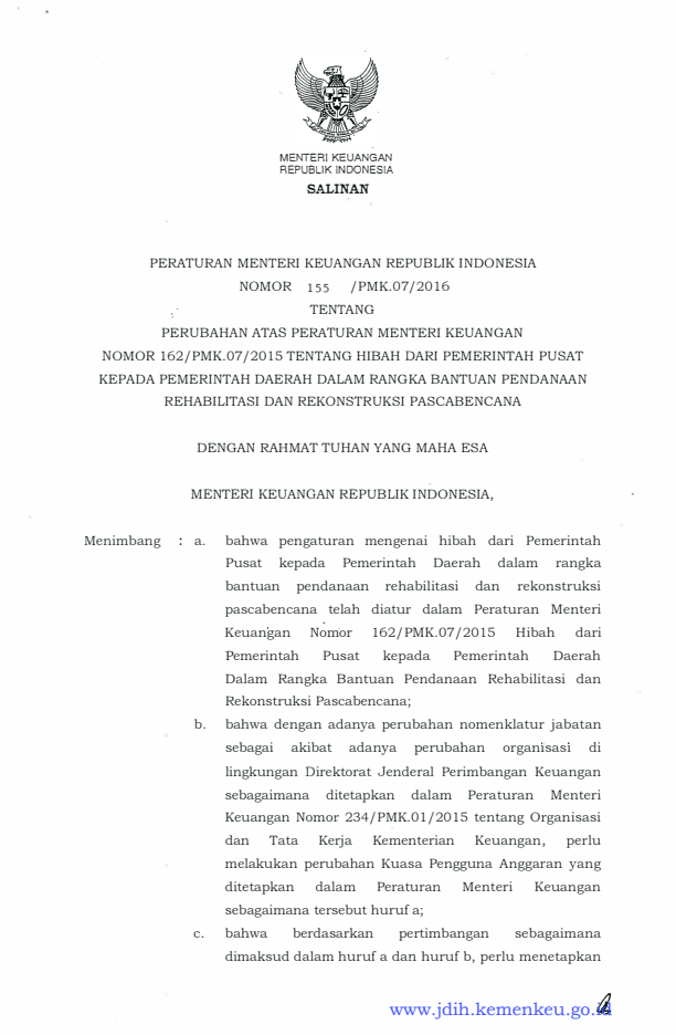 Peraturan Menteri Keuangan Nomor 155/PMK.07/2016