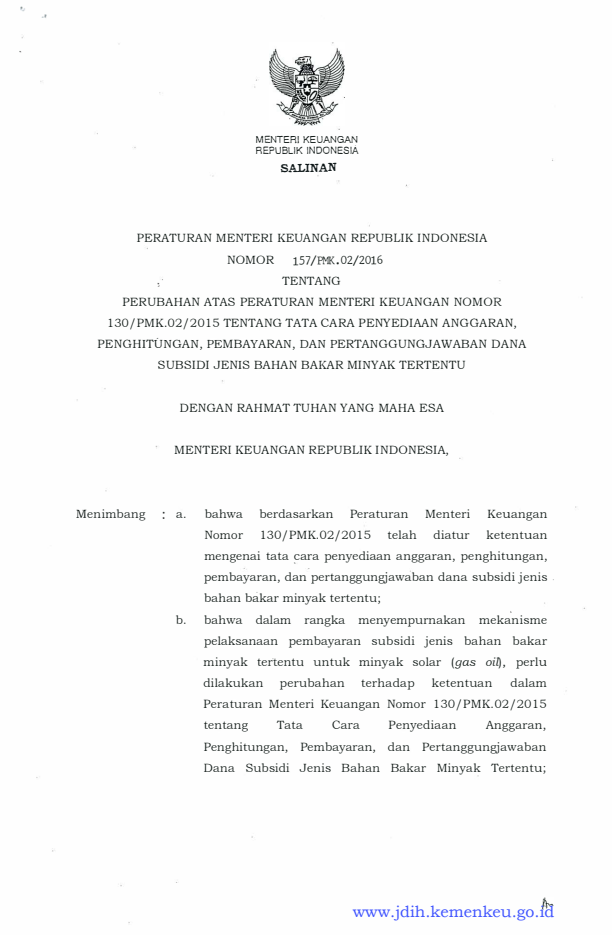 Peraturan Menteri Keuangan Nomor 157/PMK.02/2016