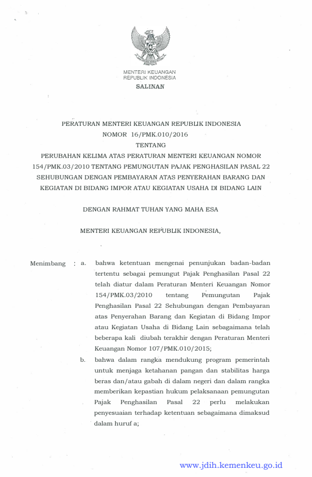 Peraturan Menteri Keuangan Nomor 16/PMK.010/2016