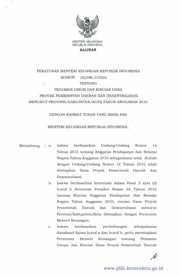 Peraturan Menteri Keuangan Nomor 160/PMK.07/2016