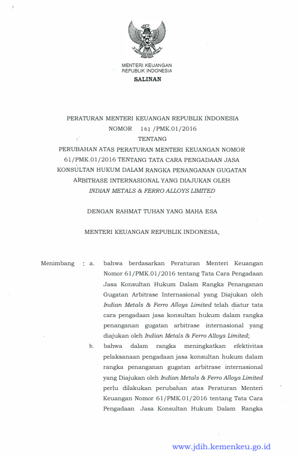 Peraturan Menteri Keuangan Nomor 161/PMK.01/2016