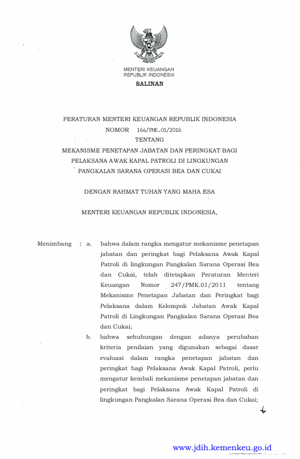 Peraturan Menteri Keuangan Nomor 164/PMK.01/2016