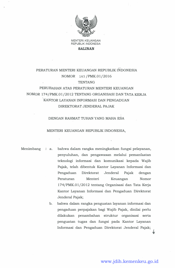 Peraturan Menteri Keuangan Nomor 165/PMK.01/2016