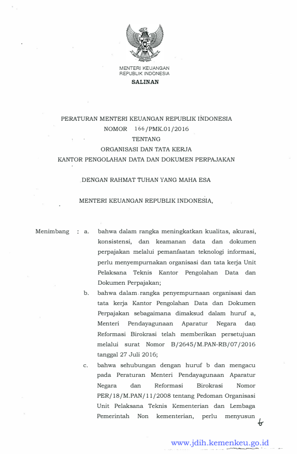 Peraturan Menteri Keuangan Nomor 166/PMK.01/2016