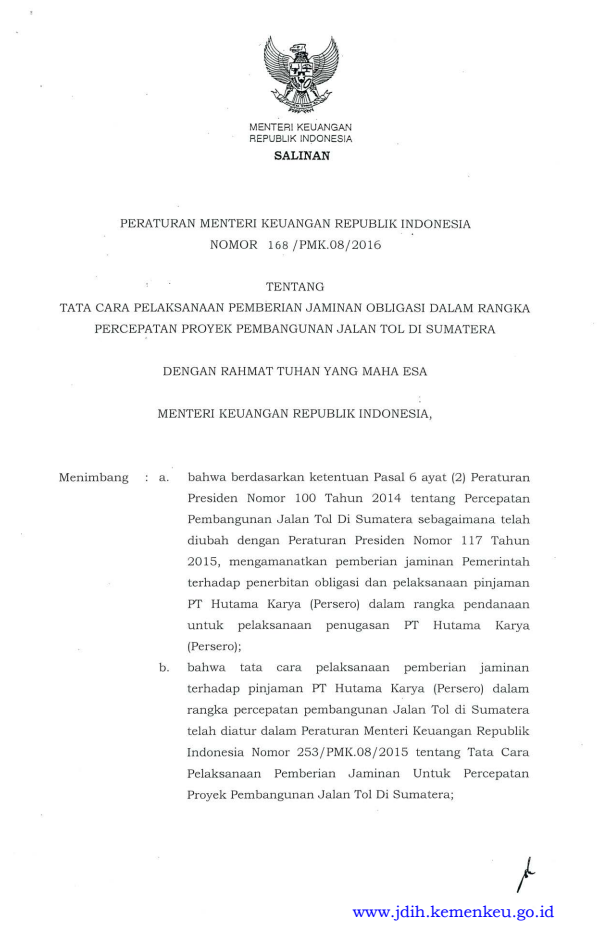 Peraturan Menteri Keuangan Nomor 168/PMK.08/2016