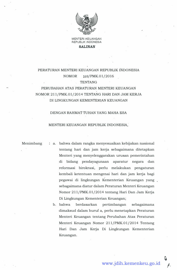 Peraturan Menteri Keuangan Nomor 169/PMK.01/2016