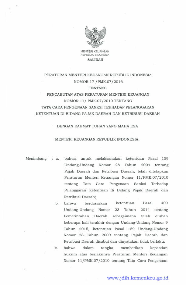 Peraturan Menteri Keuangan Nomor 17/PMK.07/2016