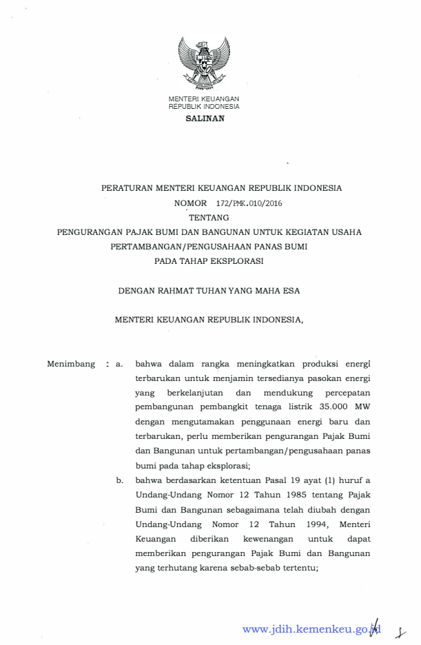 Peraturan Menteri Keuangan Nomor 172/PMK.010/2016