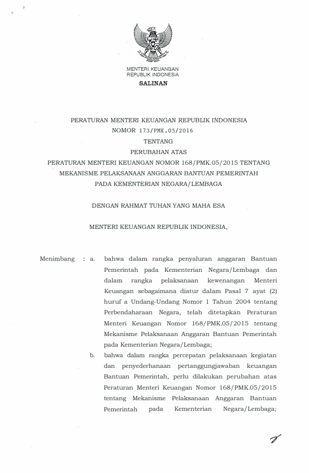 Peraturan Menteri Keuangan Nomor 173/PMK.05/2016