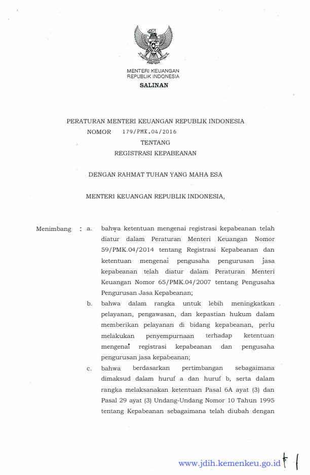 Peraturan Menteri Keuangan Nomor 179/PMK.04/2016