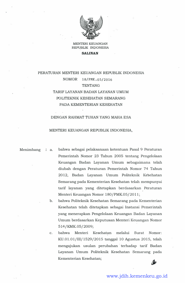 Peraturan Menteri Keuangan Nomor 18/PMK.05/2016