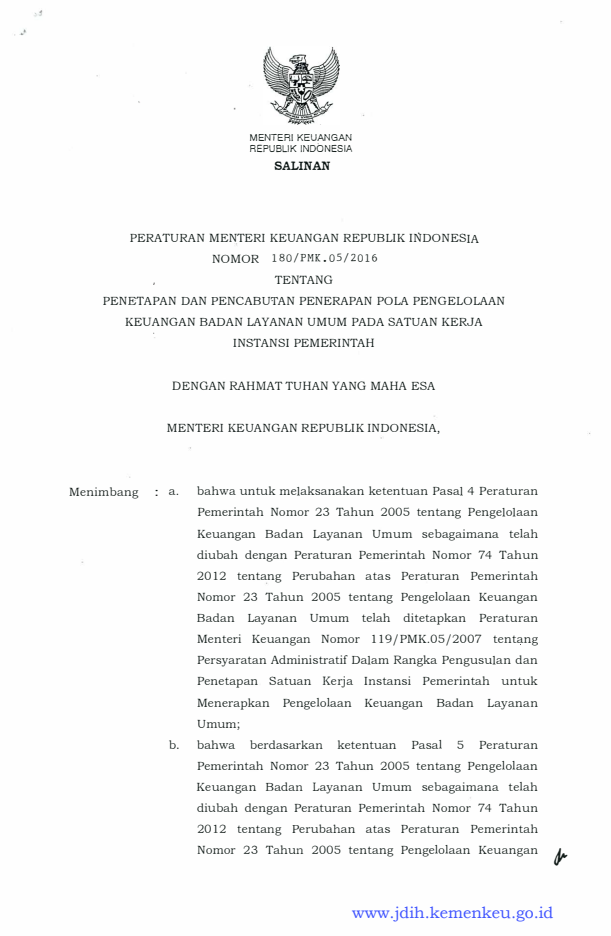 Peraturan Menteri Keuangan Nomor 180/PMK.05/2016