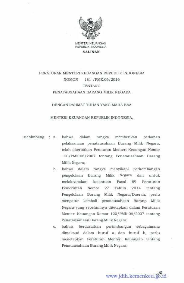 Peraturan Menteri Keuangan Nomor 181/PMK.06/2016