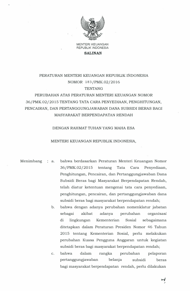 Peraturan Menteri Keuangan Nomor 183/PMK.02/2016