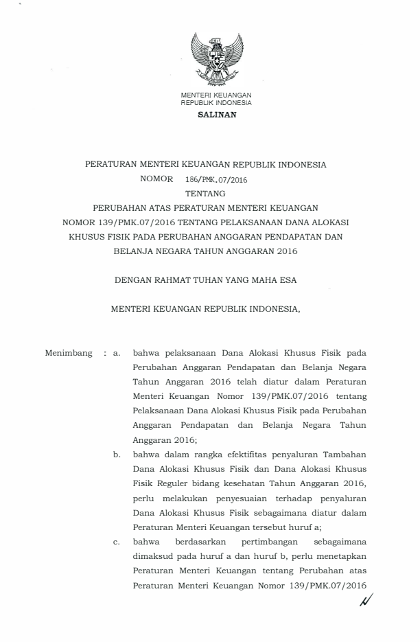 Peraturan Menteri Keuangan Nomor 186/PMK.07/2016