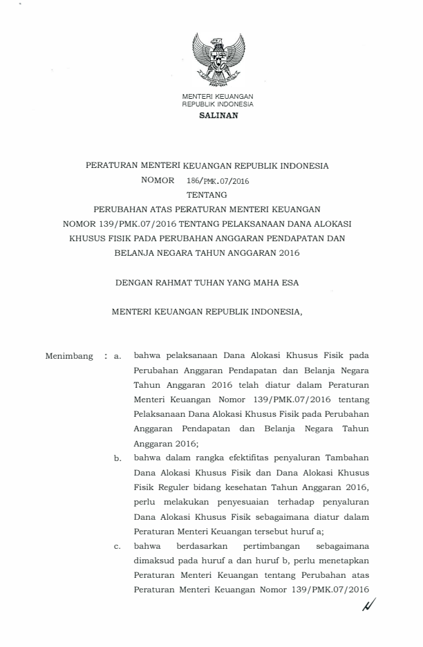 Peraturan Menteri Keuangan Nomor 186/PMK.07/2016
