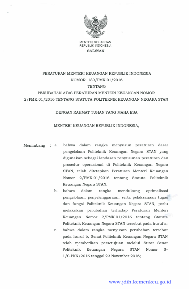 Peraturan Menteri Keuangan Nomor 189/PMK.01/2016