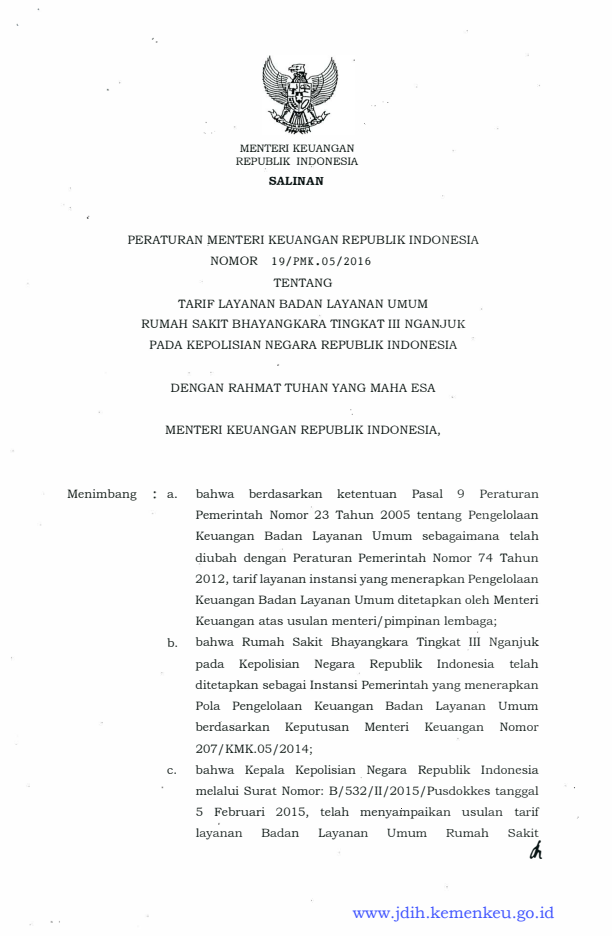 Peraturan Menteri Keuangan Nomor 19/PMK.05/2016