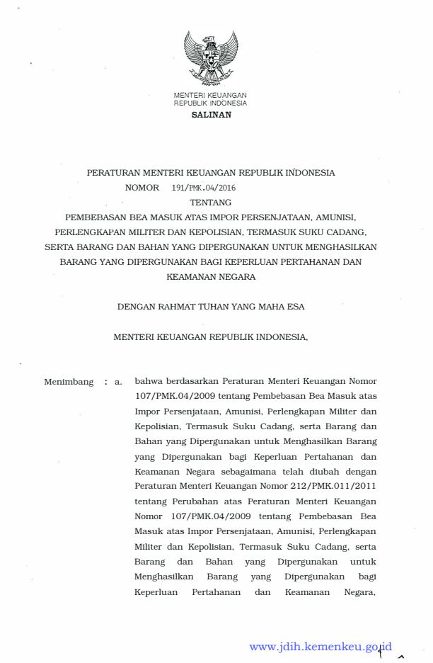 Peraturan Menteri Keuangan Nomor 191/PMK.04/2016