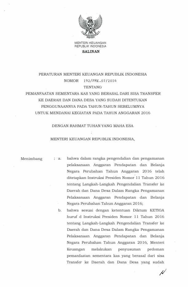 Peraturan Menteri Keuangan Nomor 192/PMK.07/2016