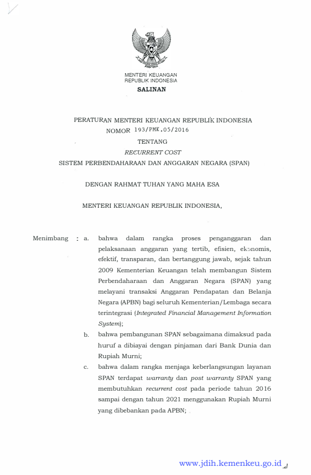 Peraturan Menteri Keuangan Nomor 193/PMK.05/2016