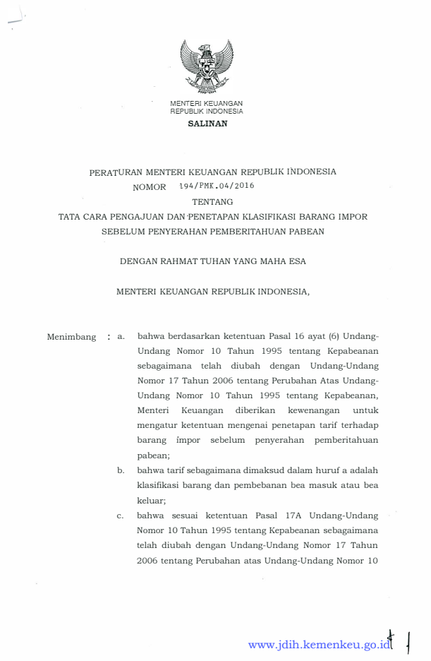 Peraturan Menteri Keuangan Nomor 194/PMK.04/2016