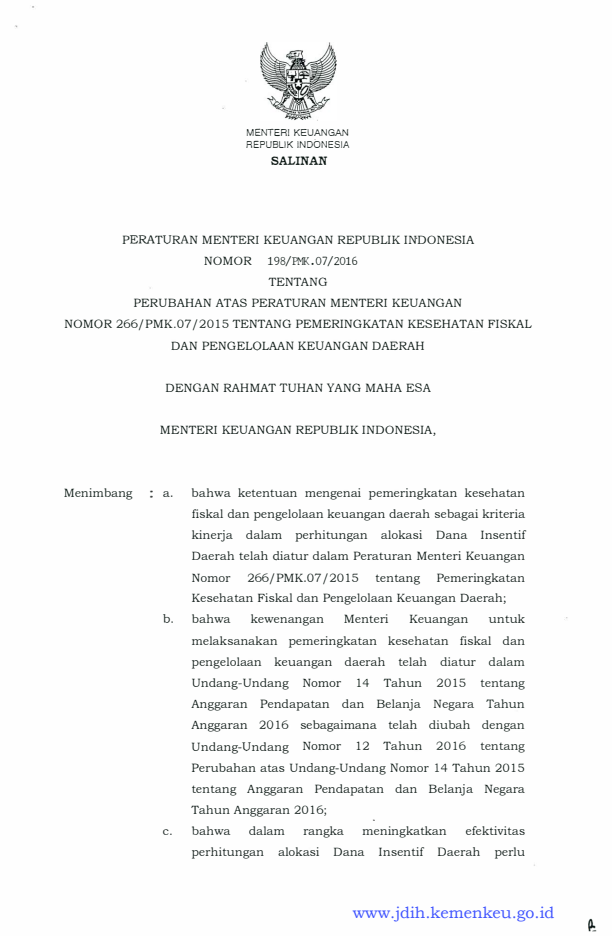 Peraturan Menteri Keuangan Nomor 198/PMK.07/2016