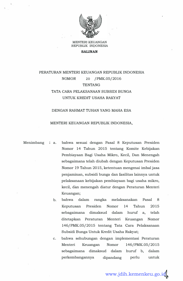 Peraturan Menteri Keuangan Nomor 20/PMK.05/2016