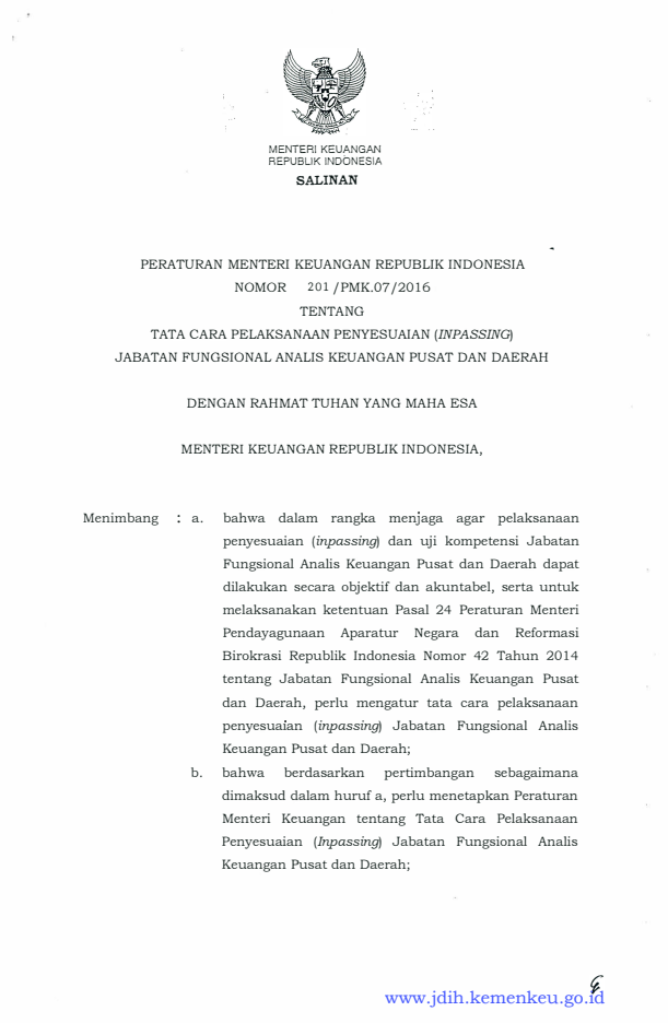 Peraturan Menteri Keuangan Nomor 201/PMK.07/2016