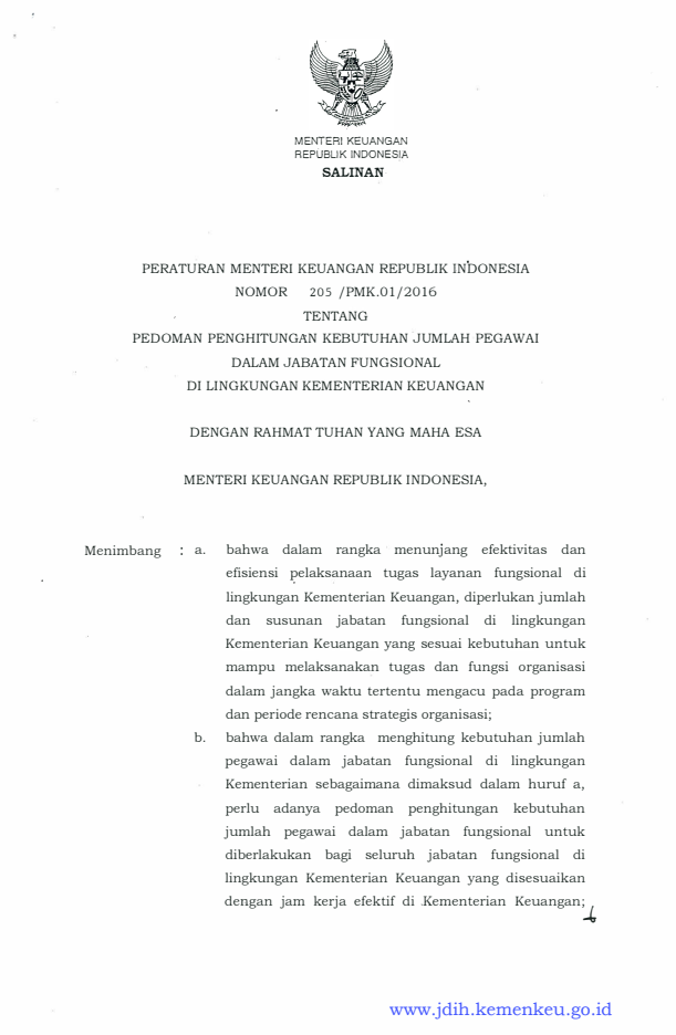 Peraturan Menteri Keuangan Nomor 205/PMK.01/2016