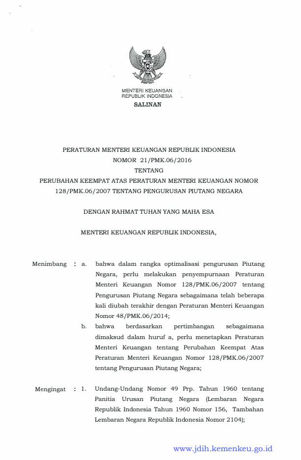 Peraturan Menteri Keuangan Nomor 21/PMK.06/2016