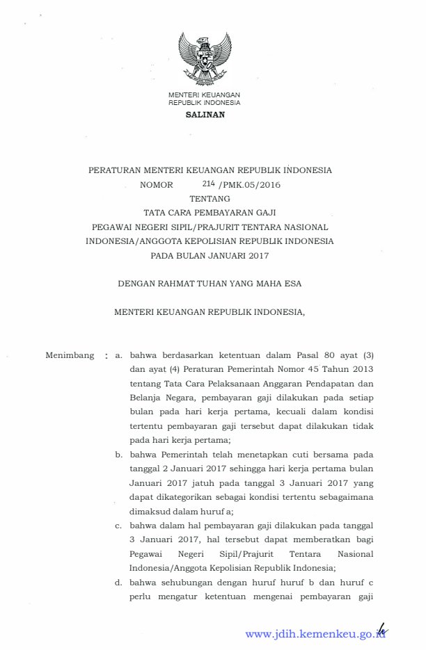 Peraturan Menteri Keuangan Nomor 214/PMK.05/2016