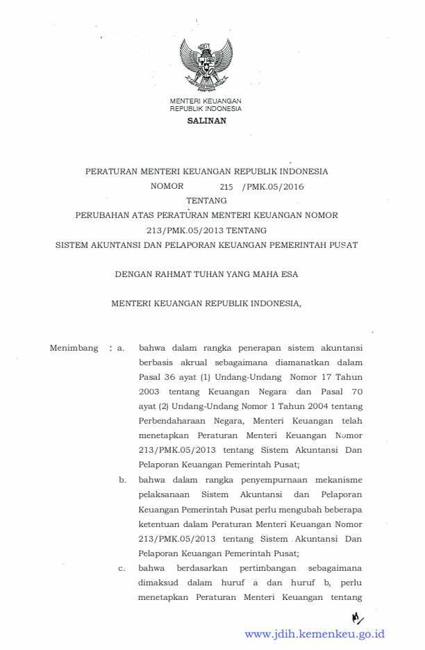Peraturan Menteri Keuangan Nomor 215/PMK.05/2016