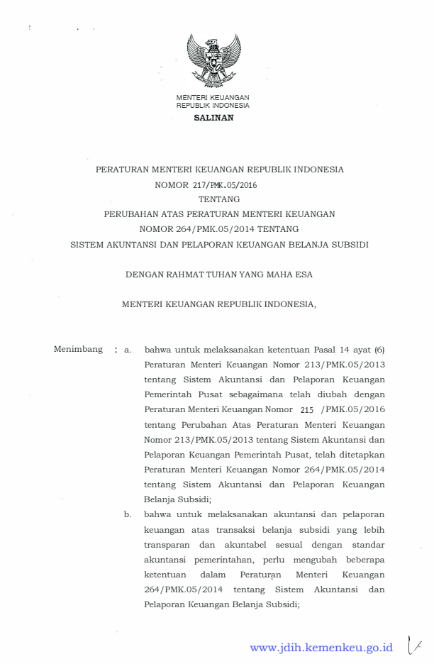 Peraturan Menteri Keuangan Nomor 217/PMK.05/2016