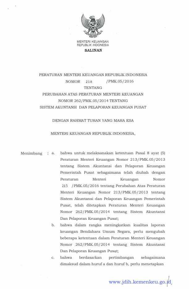 Peraturan Menteri Keuangan Nomor 218/PMK.05/2016