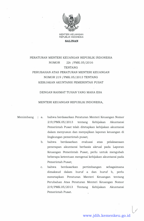 Peraturan Menteri Keuangan Nomor 224/PMK.05/2016