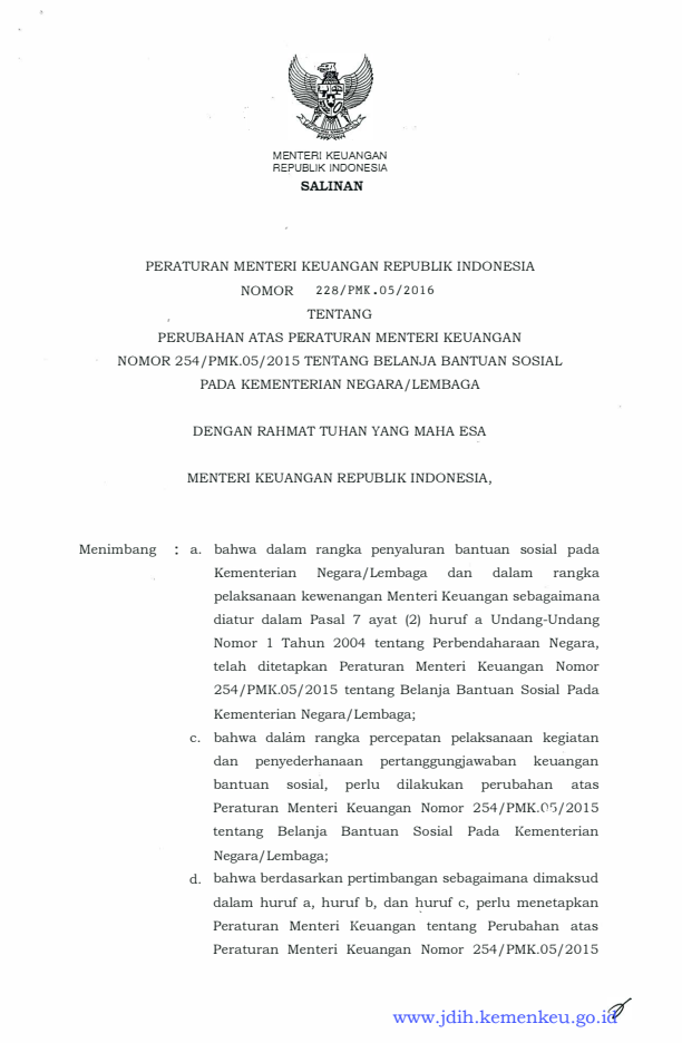 Peraturan Menteri Keuangan Nomor 228/PMK.05/2016