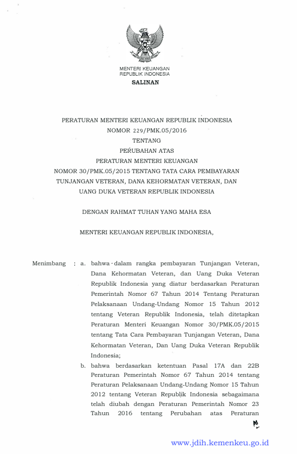 Peraturan Menteri Keuangan Nomor 229/PMK.05/2016