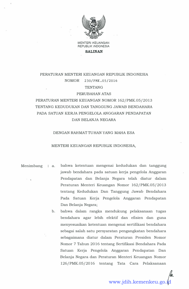 Peraturan Menteri Keuangan Nomor 230/PMK.05/2016