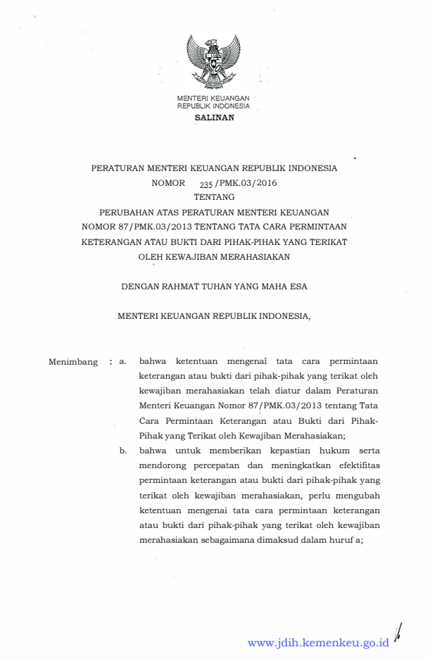 Peraturan Menteri Keuangan Nomor 235/PMK.03/2016