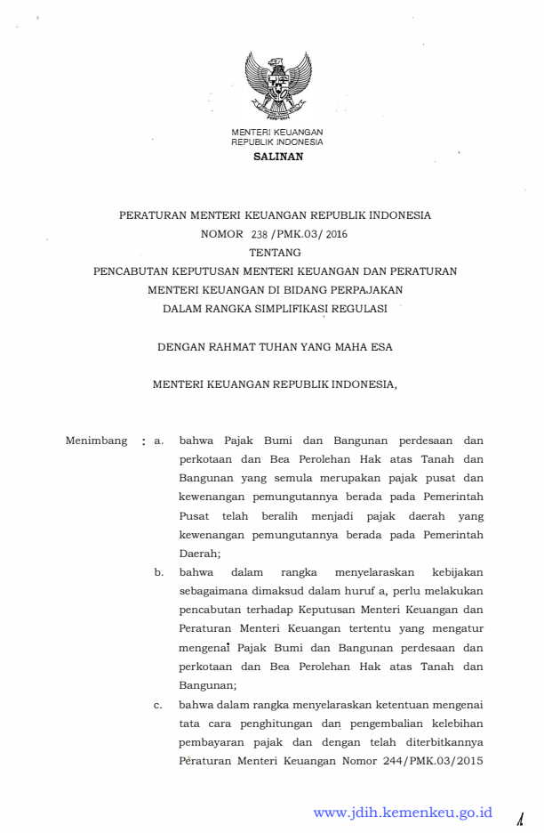 Peraturan Menteri Keuangan Nomor 238/PMK.03/2016