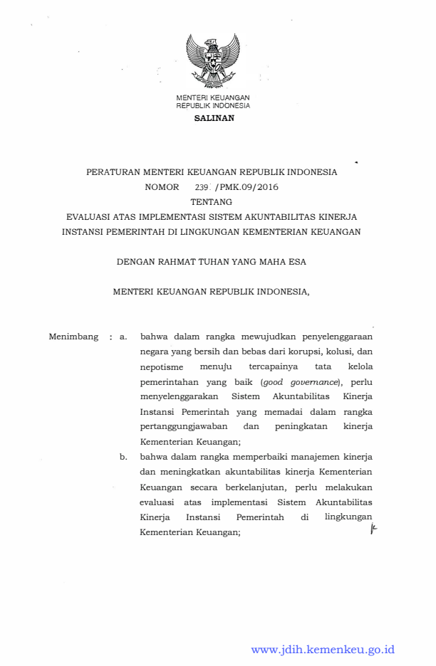 Peraturan Menteri Keuangan Nomor 239/PMK.09/2016
