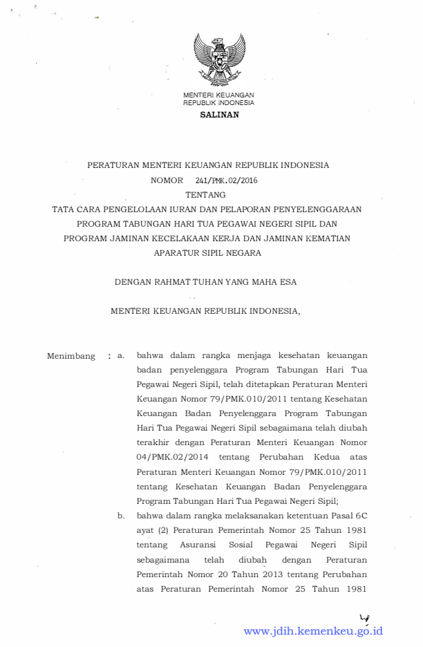 Peraturan Menteri Keuangan Nomor 241/PMK.02/2016