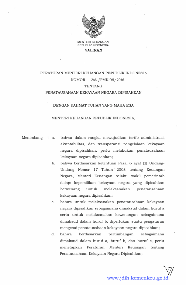 Peraturan Menteri Keuangan Nomor 246/PMK.06/2016