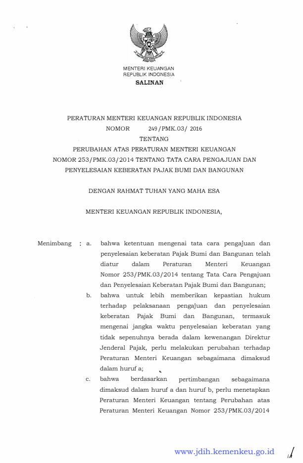 Peraturan Menteri Keuangan Nomor 249/PMK.09/2016