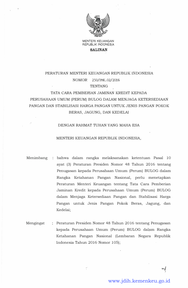 Peraturan Menteri Keuangan Nomor 250/PMK.05/2016
