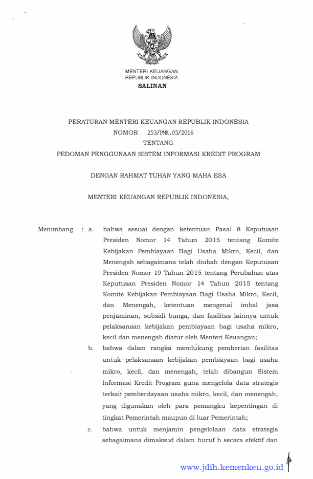 Peraturan Menteri Keuangan Nomor 253/PMK.05/2016